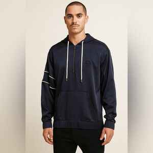 Sergio Tacchini Silk Quarter Zip Sweatshirt Navy Blue Satin XS Sporty Italian